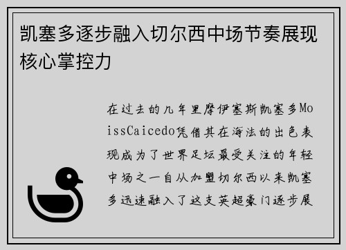凯塞多逐步融入切尔西中场节奏展现核心掌控力